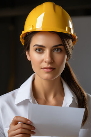 Women workers holding paper and wearing hard hatsの素材