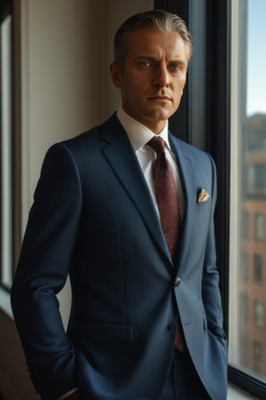 Adult male suit standing by the window of the officeの素材