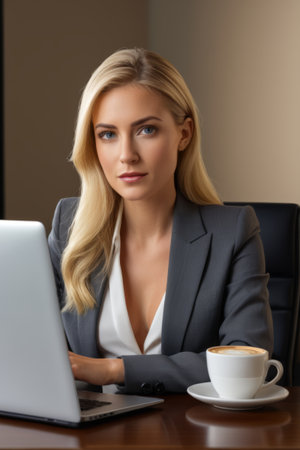 Blonde businesswoman works on laptopの素材