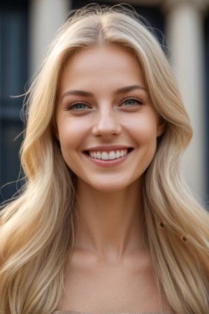Close up of blonde woman smiling outdoorsの素材
