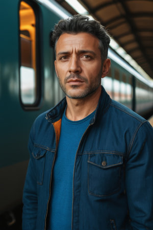 Close up of a man standing at a train stationの素材