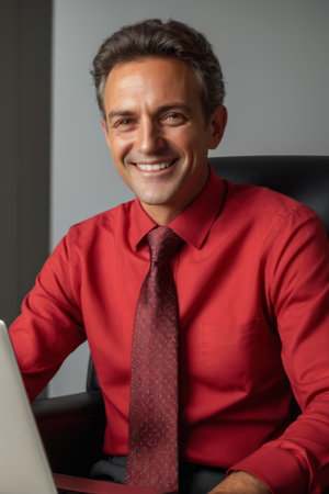 Smiling photo of a business man in a red shirtの素材