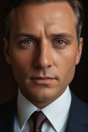 Close up of the face of a man in a suitの素材