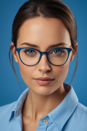 Close up of a woman wearing glasses in professional attireの素材