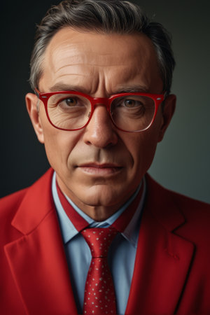 Portrait of a man in a red suit and red glassesの素材
