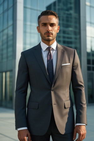 Man in suit standing in front of city buildingの素材