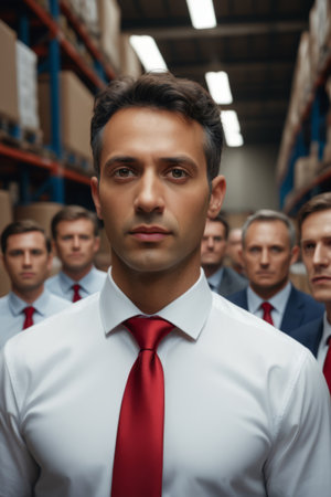 Group photo of business team in formal attire in warehouseの素材