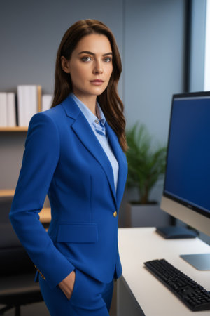 Businesswoman in blue suit standing at her deskの素材
