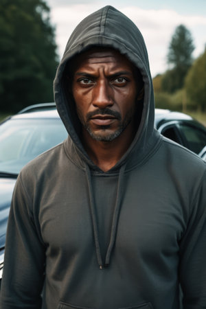 Black man wearing hoodie outdoorsの素材