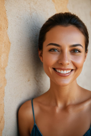 Portrait of a woman smiling against a wallの素材