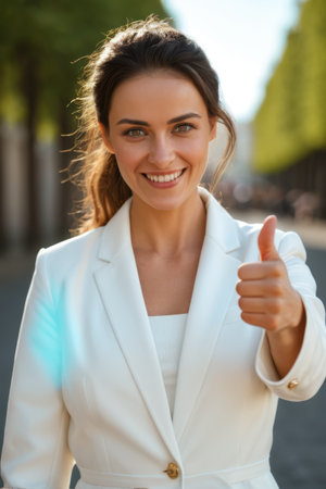 Outdoor smiling businesswoman gives thumbs upの素材