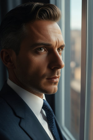 Close up of a man in a suit by the windowの素材