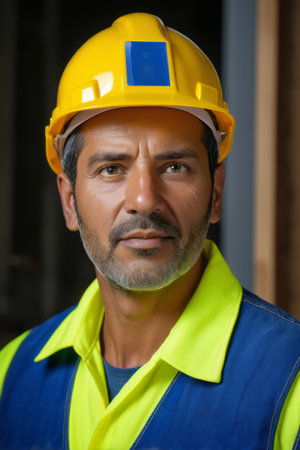 Portrait of a worker wearing a hard hatの素材