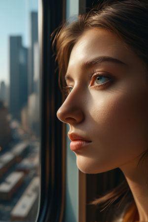 Close up of the woman's profile picture by the windowの素材