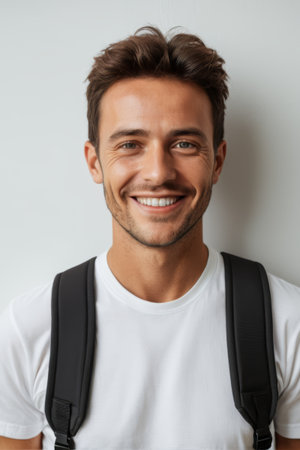 Portrait of smiling man with backpackの素材