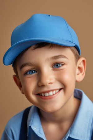 Close up of smiling boy in blue hatの素材
