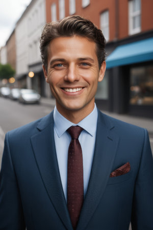 Smiling business man in suit on the streetの素材