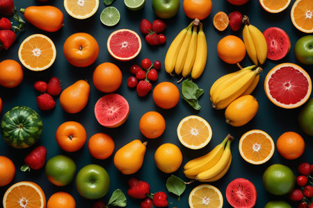 Aerial view of various fresh fruit combinationsの素材