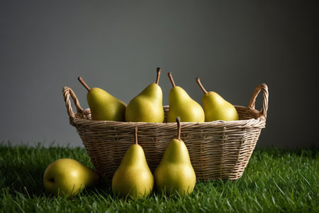 Fresh pears in a basket on the grassの素材