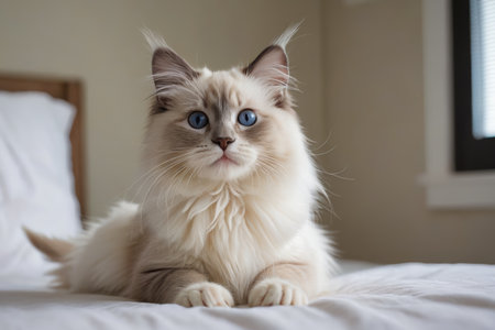 Blue eyed long haired pet cat in bedの素材
