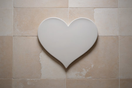 Heart shaped plate placed on a tile backgroundの素材