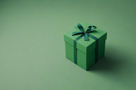 Green gift box with ribbon still life displayの素材