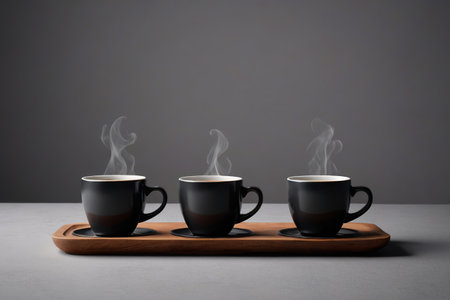 Three black coffee cups on a wooden trayの素材