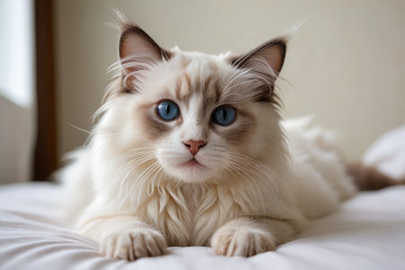 Blue eyed long haired cat lying on the bedの素材
