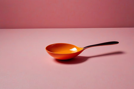 Close up of orange spoon on pink backgroundの素材