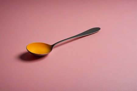 Close up of spoon on pink backgroundの素材