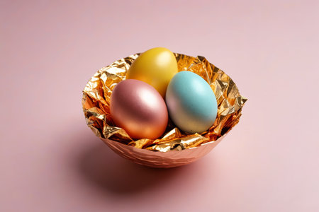 Colorful Easter Eggs in a Gold Foil Bowlの素材
