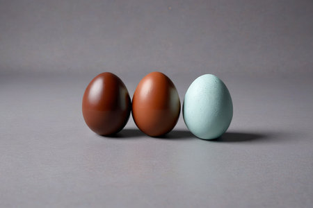 Close up of three eggs of different colorsの素材