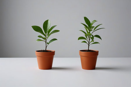 Close up of two potted green plantsの素材