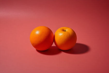 Two oranges on a red backgroundの素材