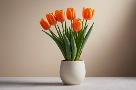 Orange tulip bouquet in white vaseの素材