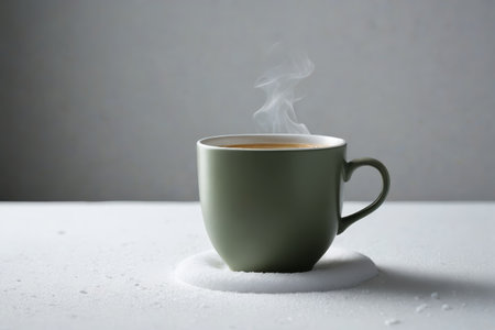 Close up of hot coffee in a green mugの素材