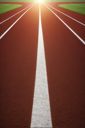 Outdoor red plastic running track with morning lightの素材