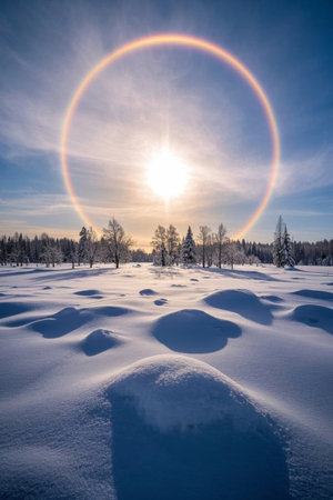 Solar halo landscape over a snowy forestの素材