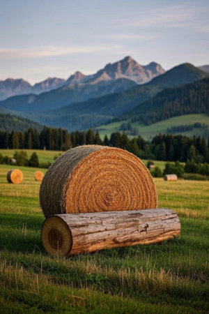 Hay bales and logs in the mountain meadowsの素材