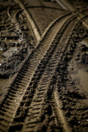 Mud tire tracks on the groundの素材