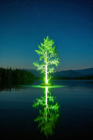 Luminous trees on the lake and reflections of the starry sky at nightの素材