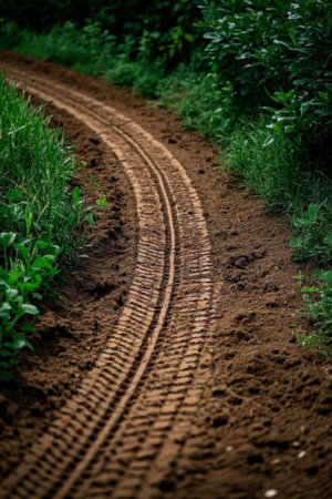 Outdoor dirt path and green plants on both sidesの素材