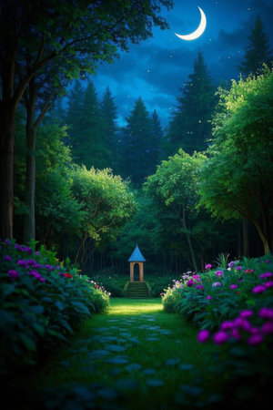 Forest path and pavilion under moonlit nightの素材