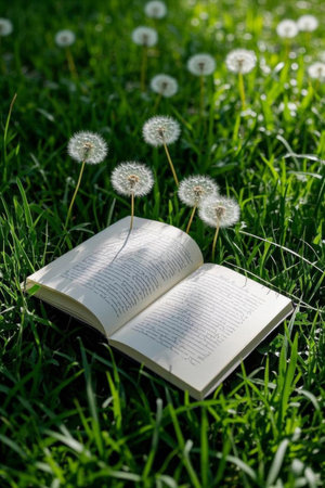 Books and dandelions opened on the grassの素材