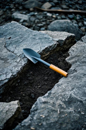 A small gardening shovel in a rock creviceの素材
