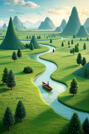 Pastoral River Single Boating Sceneryの素材