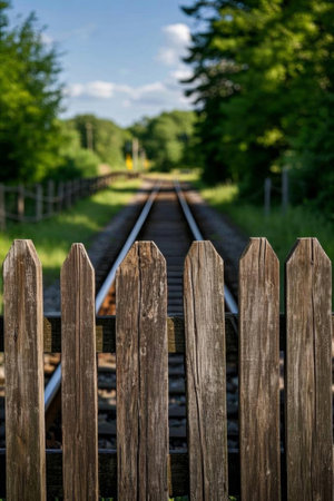 Wooden fences and green landscapes next to the tracksの素材