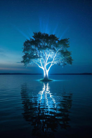 Night view of the lake with glowing treesの素材