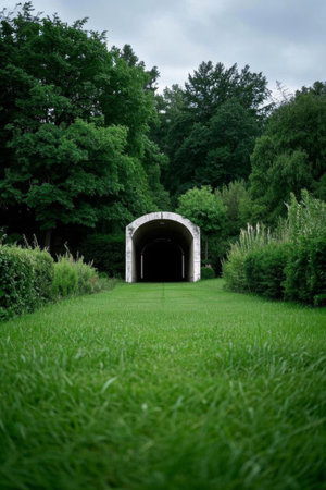 Arched tunnel in a woodland meadowの素材