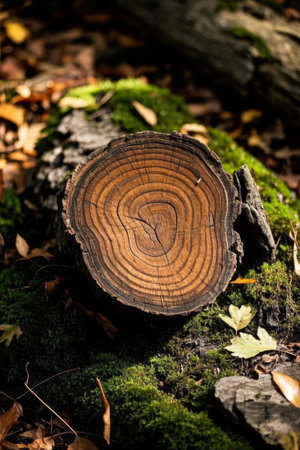 Close up of a cross section of a tree stump in a forestの素材